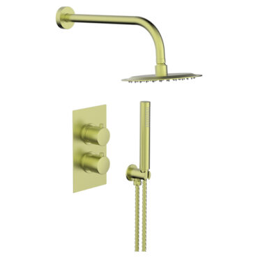Tempo Flow Round Brushed Brass 2 Way Concealed Thermostatic Shower Valve with Head & Handset
