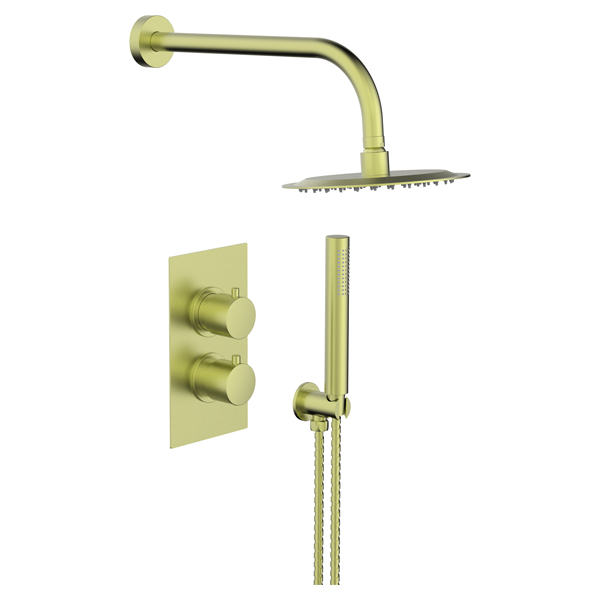 Tempo Flow Round Brushed Brass 2 Way Concealed Thermostatic Shower Valve with Head & Handset