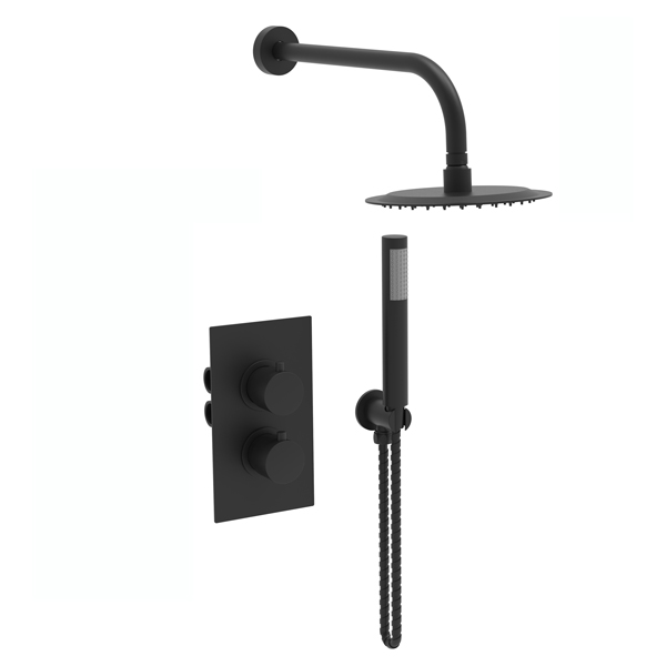 Round black concealed thermostatic shower valve with overhead head and handset