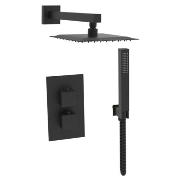Square black concealed thermostatic shower valve with overhead head and handset
