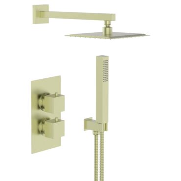 Square brushed brass concealed thermostatic shower valve with overhead head and handset
