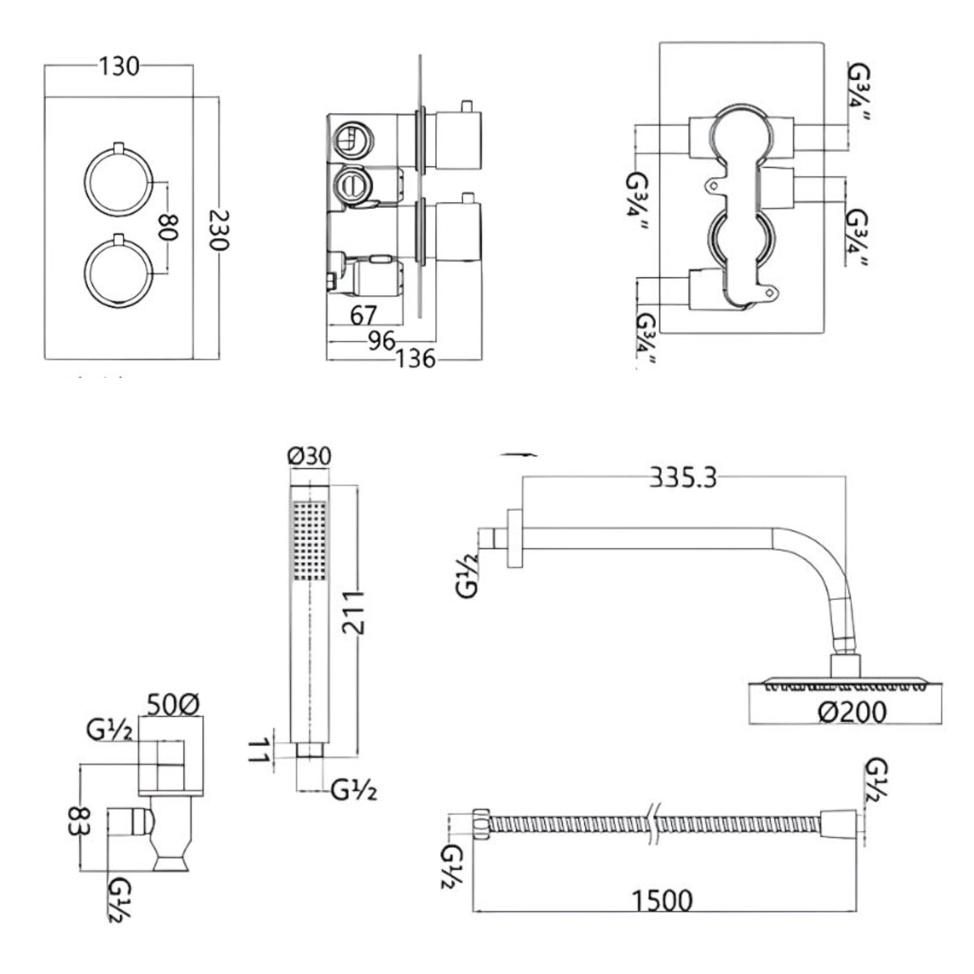 Tempo Flow Round Black 2 Way Concealed Thermostatic Shower Valve with Head & Handset - Image 3