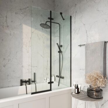 Scudo Square Pivot Black Bath Screen Including Fixed Panel 1500mm H x 900mm W - 6mm Glass
