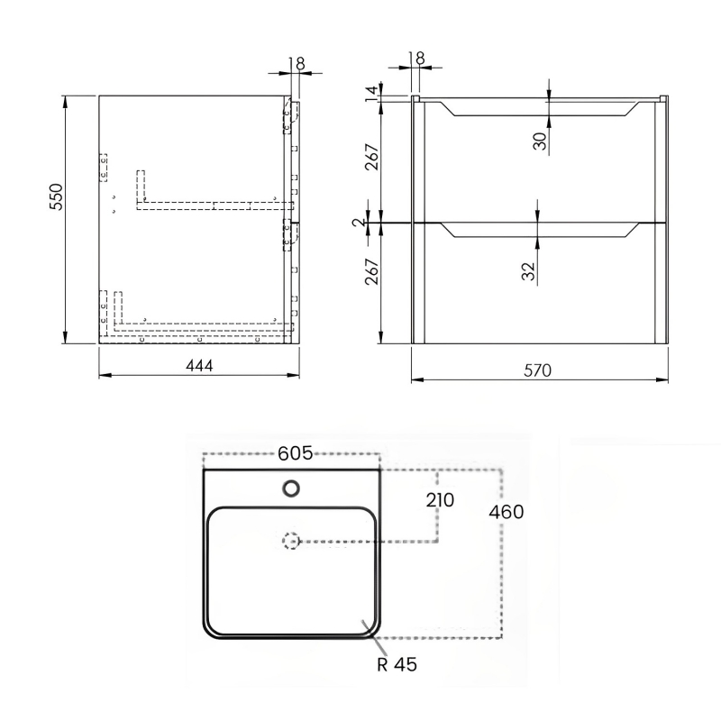 Ella Wall Hung 2-Drawer Vanity Unit with Basin – 600mm Wide - Image 5