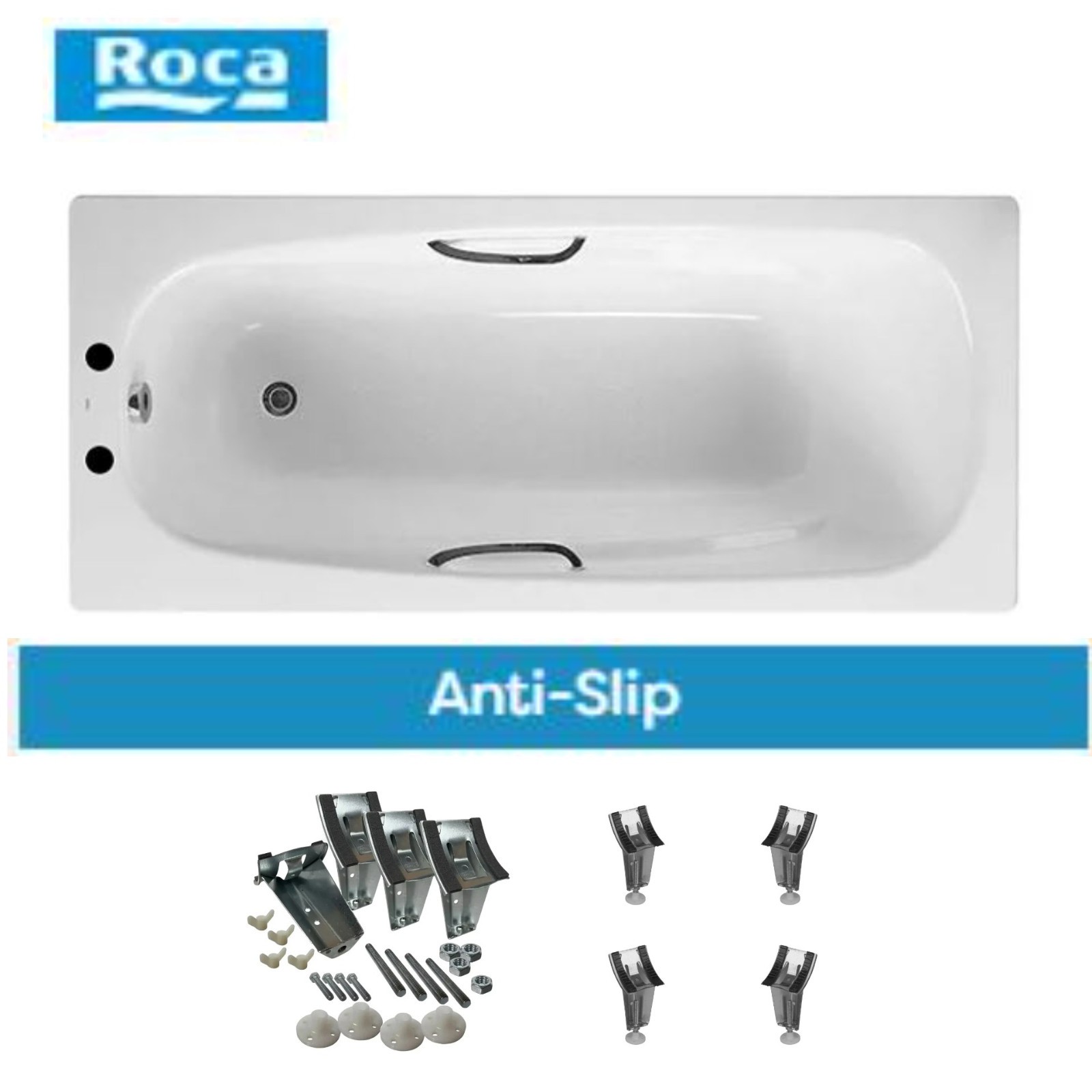 Roca Carla 1700 x 700mm 2TH Steel Enamel Bath with Grips & Anti-Slip Base - Image 2